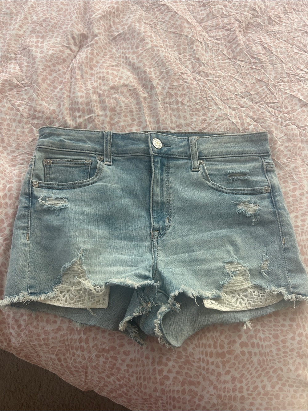 American Eagle Outfitters Light Blue Distressed Denim Shorts with Lace